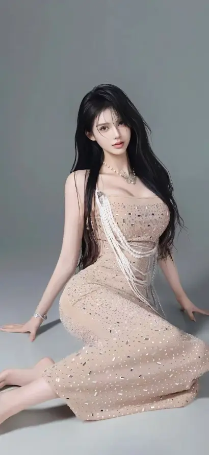 4k手机壁纸壁纸 - 手机美女 - 灰色背景 - 米色长裙「哲风壁纸」