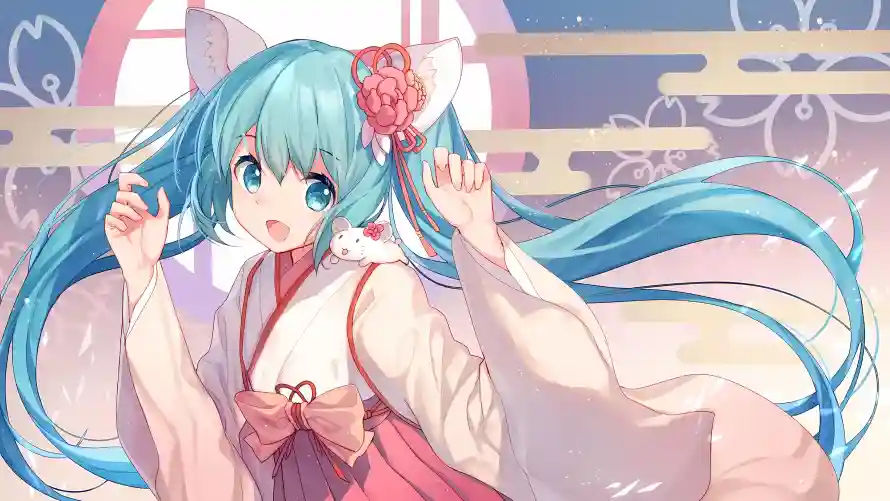 4k发饰壁纸-和服 - 猫娘-初音未来「哲风壁纸」
