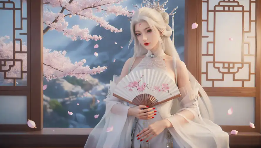 6k古风壁纸-小白 - 折扇-樱花「哲风壁纸」