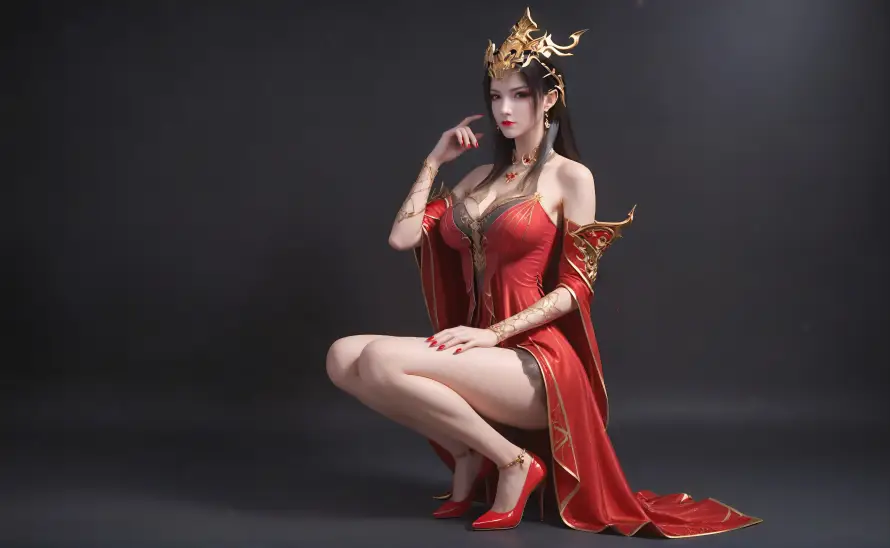 6k坐姿壁纸-红衣 - 美杜莎-高跟鞋「哲风壁纸」