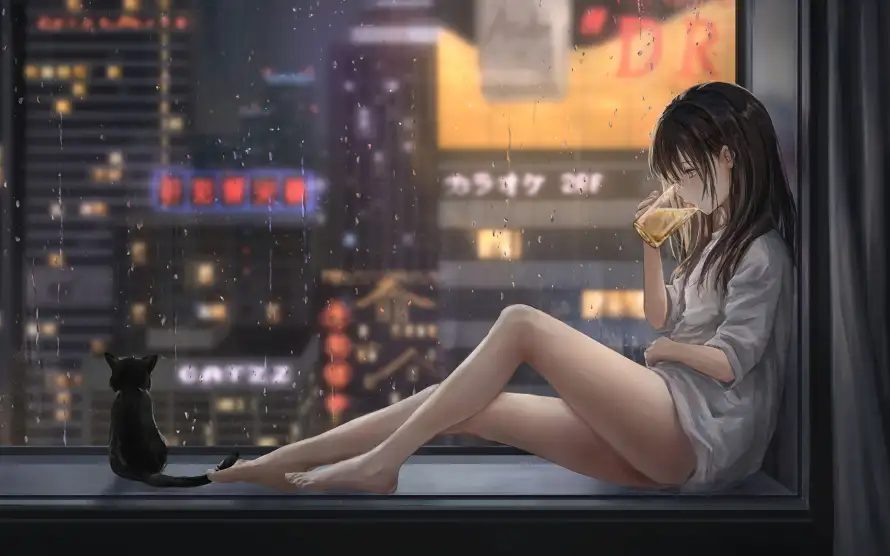 3k夜景壁纸-少女 - 窗台-赛博「哲风壁纸」