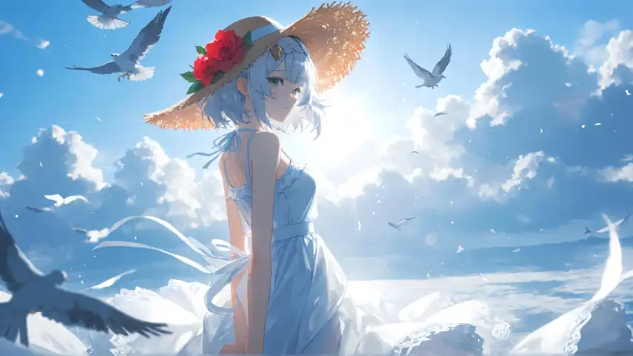4k少女壁纸-海浪 - 白发-草帽「哲风壁纸」