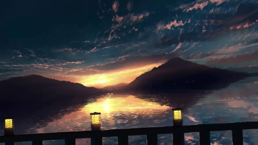 4k倒影壁纸-夕阳 - 山峰-栏杆「哲风壁纸」
