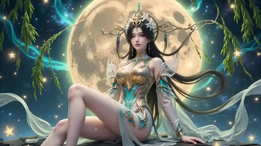 2k古风壁纸-女神 - 月亮-柳枝「哲风壁纸」