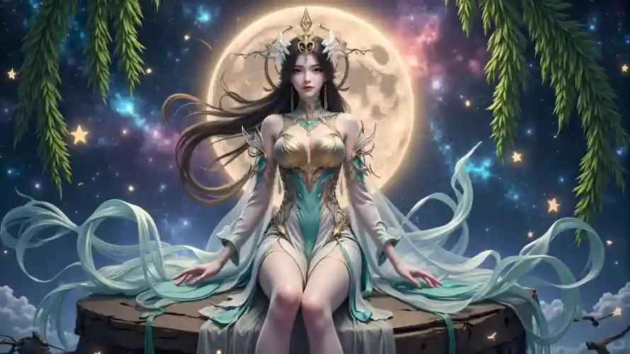 2k星空壁纸-月亮 - 柳枝-柳神「哲风壁纸」