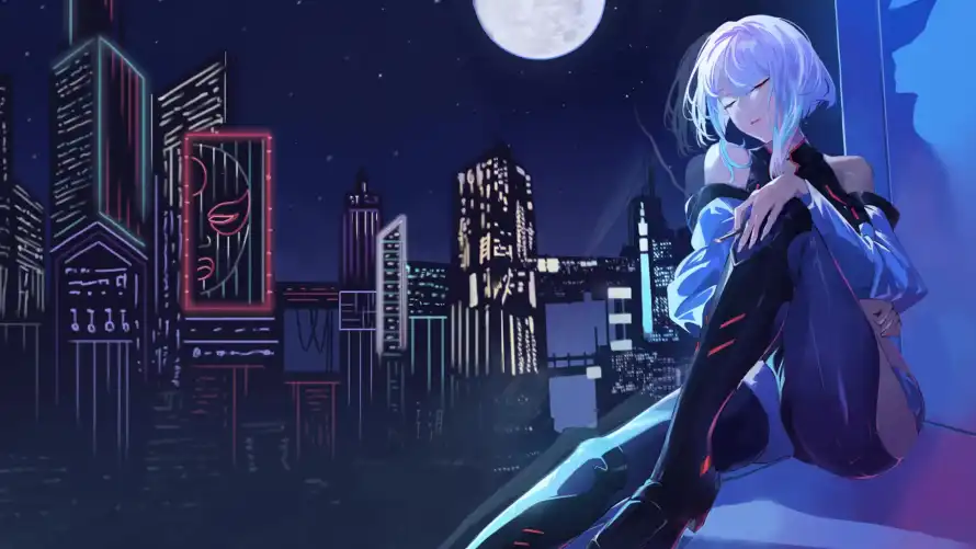 4k夜景壁纸 - 月亮 - 白发 - 霓虹「哲风壁纸」