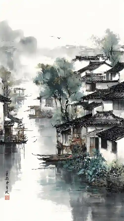 4k古宅壁纸 - 安逸 - 河流 - 水墨画「哲风壁纸」