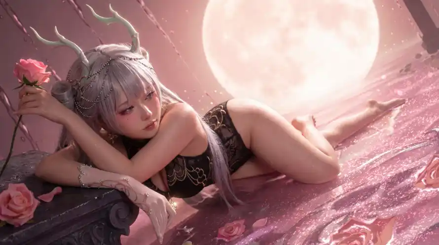 6k月亮壁纸-玫瑰 - 角娘-银发「哲风壁纸」