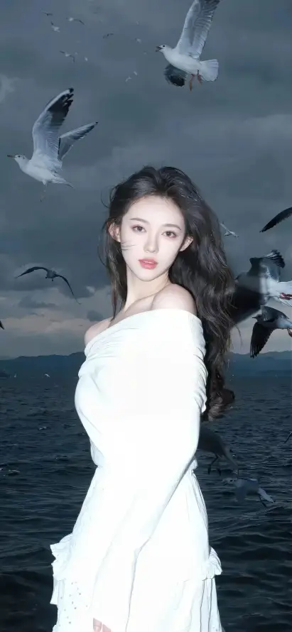 4k海景壁纸 - 海鸥 - 美女 - 长裙「哲风壁纸」