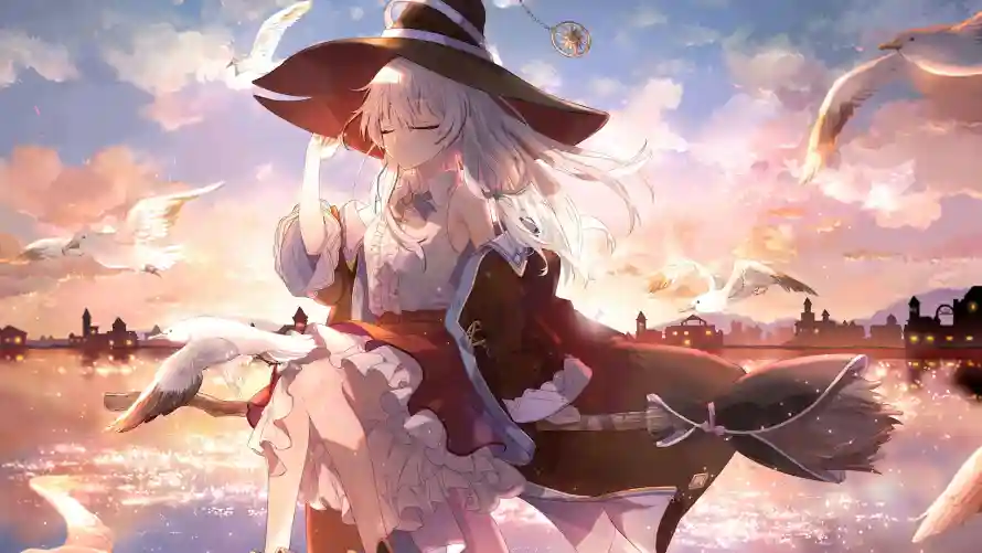 2k飞鸟壁纸-伊蕾娜 - 魔女帽-海边黄昏「哲风壁纸」