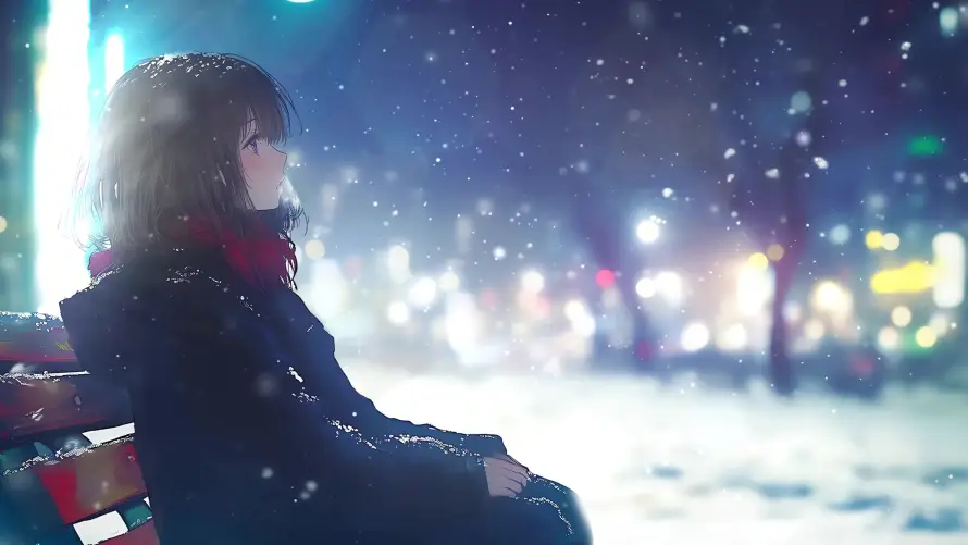 4k下雪壁纸-围巾 - 夜晚-长椅「哲风壁纸」