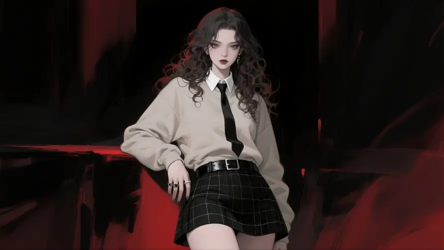 4k动漫壁纸-美女 - 格子裙-红黑背景「哲风壁纸」