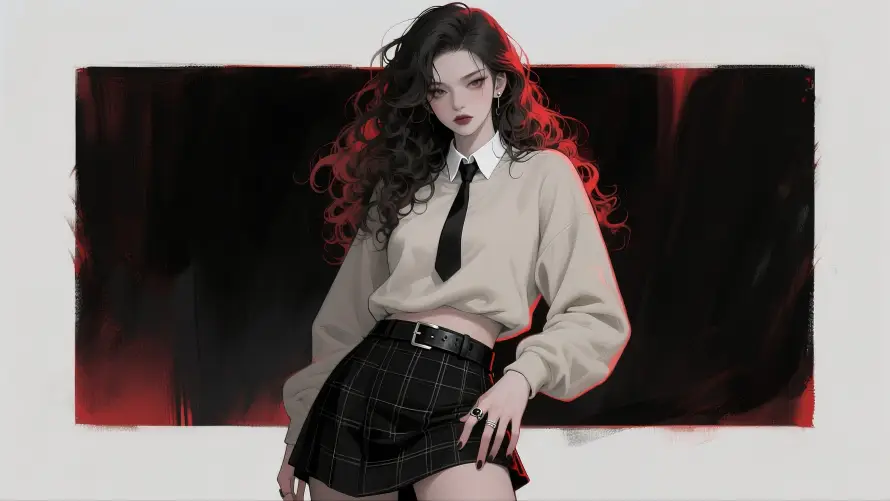 4k动漫壁纸-卷发 - 短裙-美女「哲风壁纸」