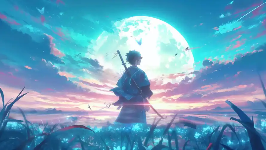 4k和服壁纸-剑 - 夜空-月亮「哲风壁纸」