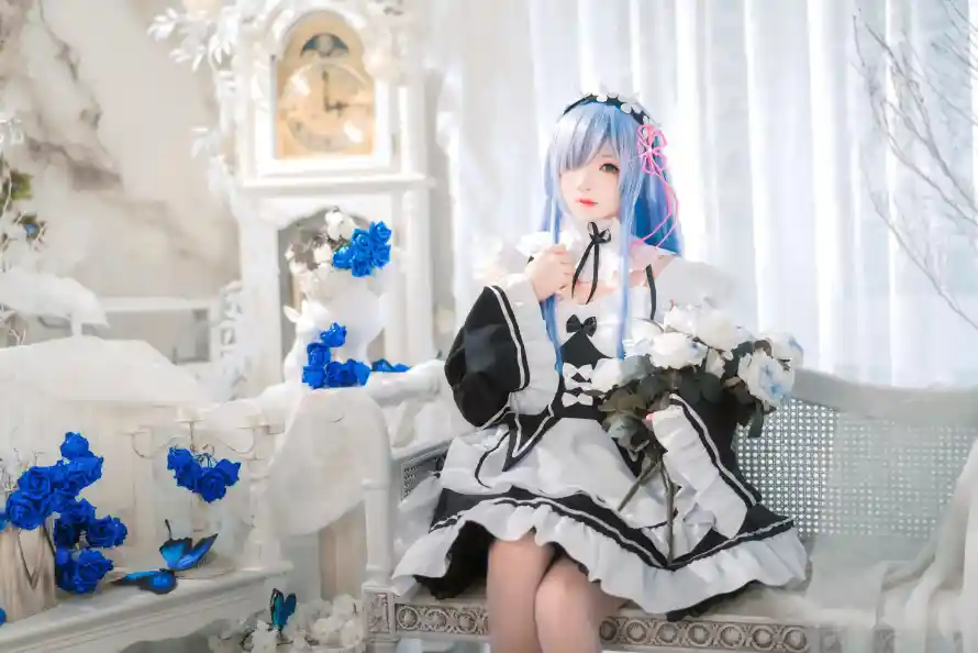 8k白丝壁纸-蓝花 - cos-女仆装「哲风壁纸」