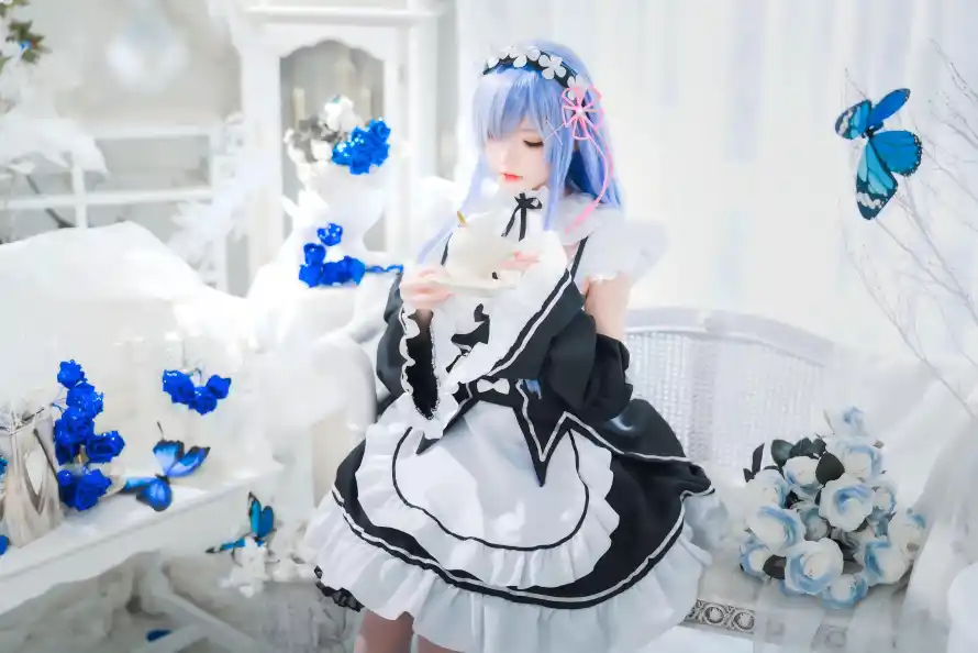 8k蓝发壁纸-蕾姆 - cos-女仆装「哲风壁纸」