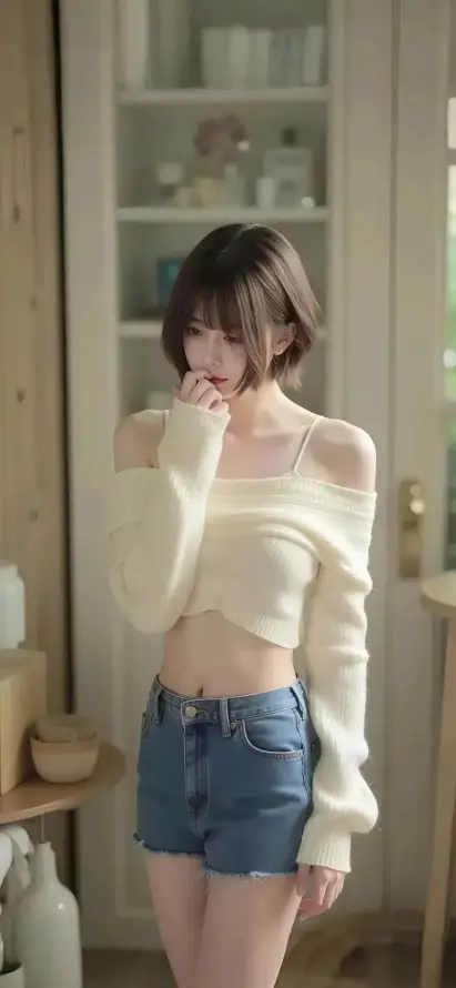 4k室内背景壁纸 - 牛仔短裤 - 短发美女 - 露肩上衣「哲风壁纸」