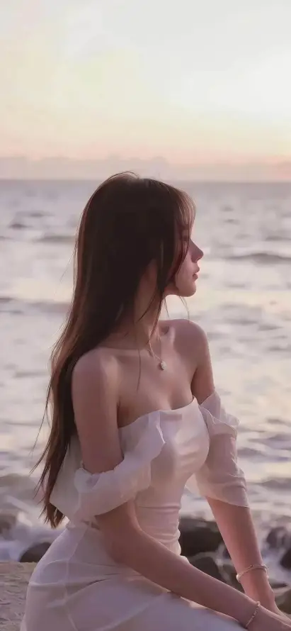 4k日落壁纸 - 海边 - 白裙 - 长发「哲风壁纸」