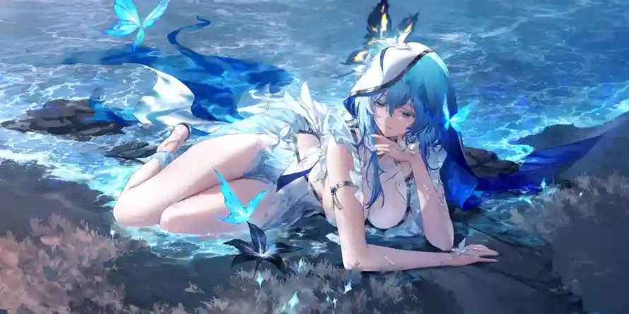 4k海边壁纸 - 蓝发 - 蝴蝶 - 鸣潮「哲风壁纸」