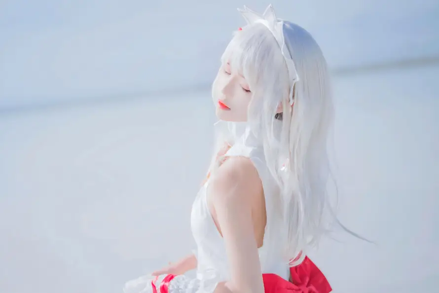 6k海边壁纸-白发 - 红衣-美女「哲风壁纸」