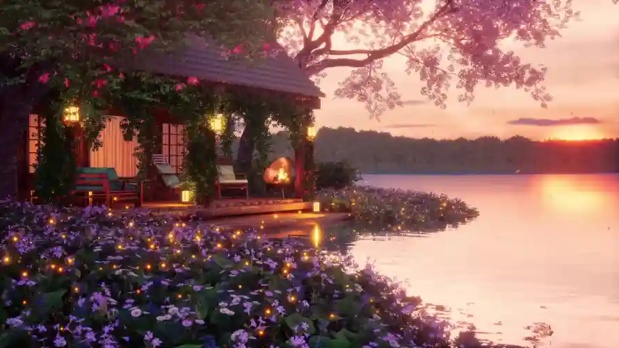 4k小屋壁纸-日落 - 樱花-湖水「哲风壁纸」