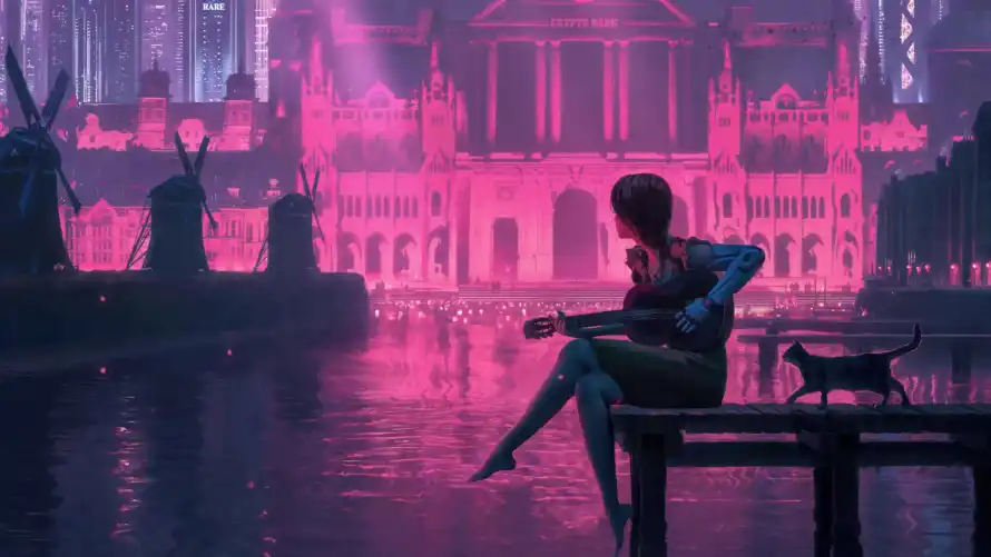 4k吉他壁纸-猫 - 夜景-女孩「哲风壁纸」