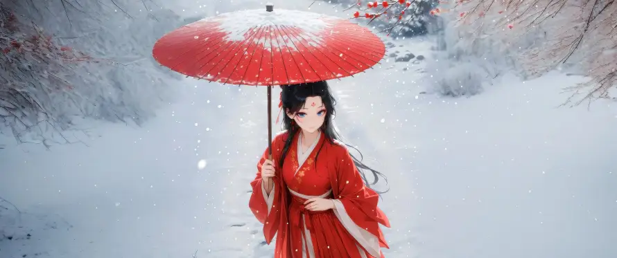 3k古风壁纸-女孩 - 插画-红伞「哲风壁纸」