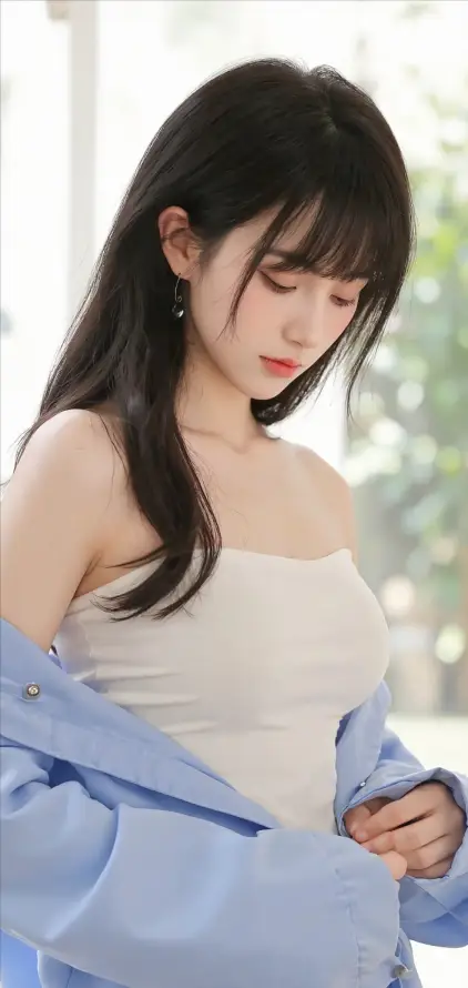 4k清新壁纸 - 美女 - 蓝衣 - 长发「哲风壁纸」