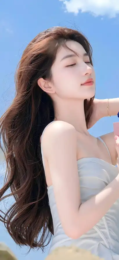 4k清新壁纸 - 美女 - 蓝天 - 长发「哲风壁纸」