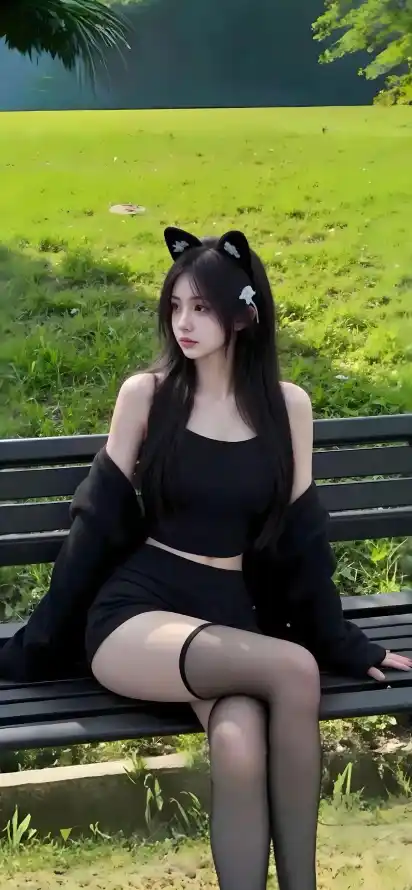 4k猫耳壁纸 - 美女 - 草地 - 长椅「哲风壁纸」
