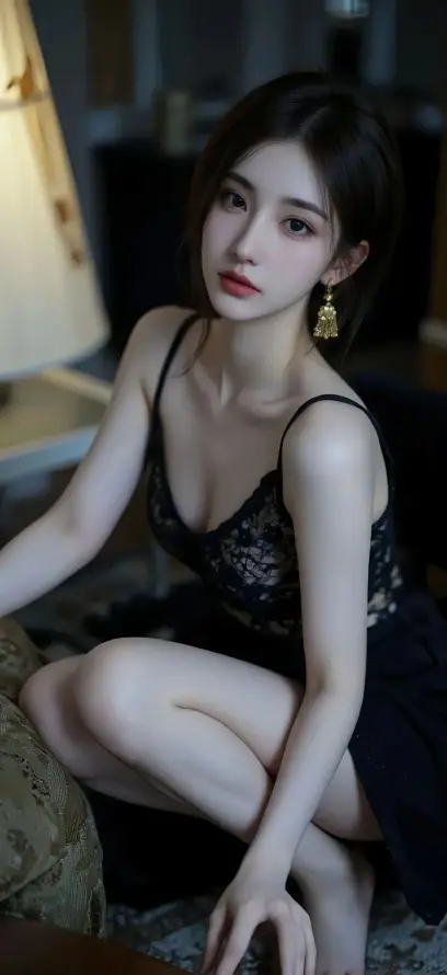 4k室内壁纸 - 美女 - 耳环 - 蹲坐「哲风壁纸」