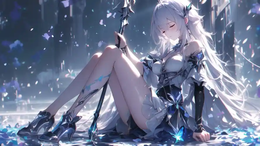 2k坐姿壁纸-少女 - 法杖-白发「哲风壁纸」