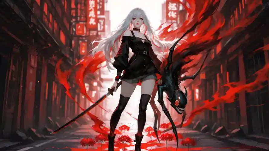 2k少女壁纸-剑 - 白发-红温「哲风壁纸」