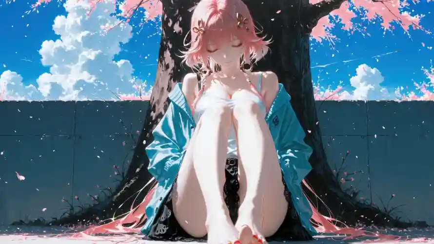 2k动漫壁纸-少女 - 花瓣-蓝天「哲风壁纸」