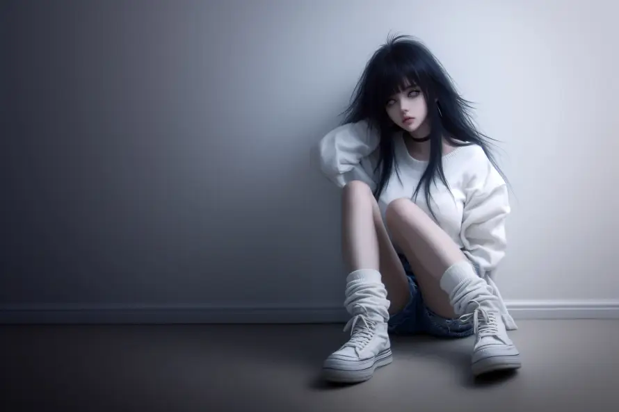 5k坐姿壁纸-室内 - 少女-忧郁「哲风壁纸」