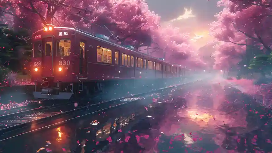 2k倒影壁纸-樱花 - 水面-火车「哲风壁纸」
