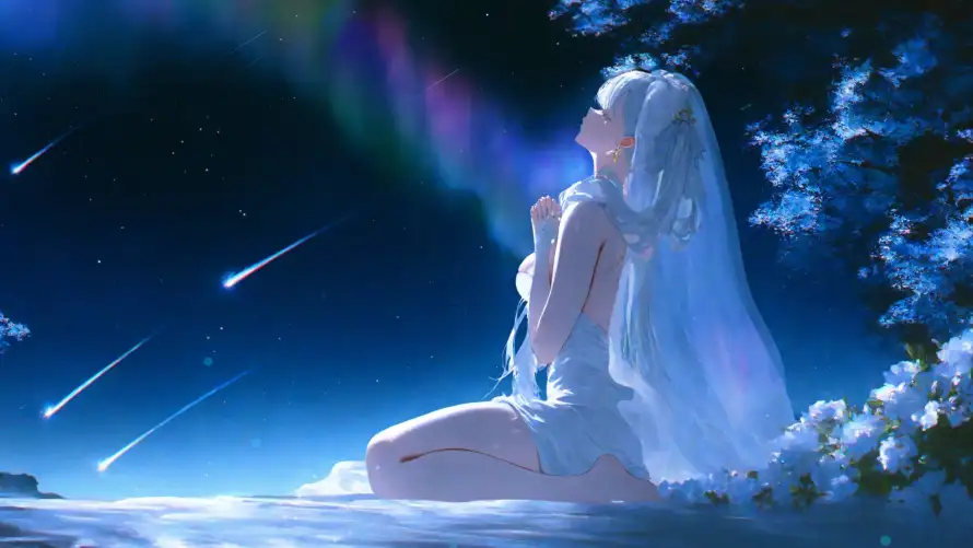 2k动漫壁纸-坐姿 - 夜空-少女「哲风壁纸」