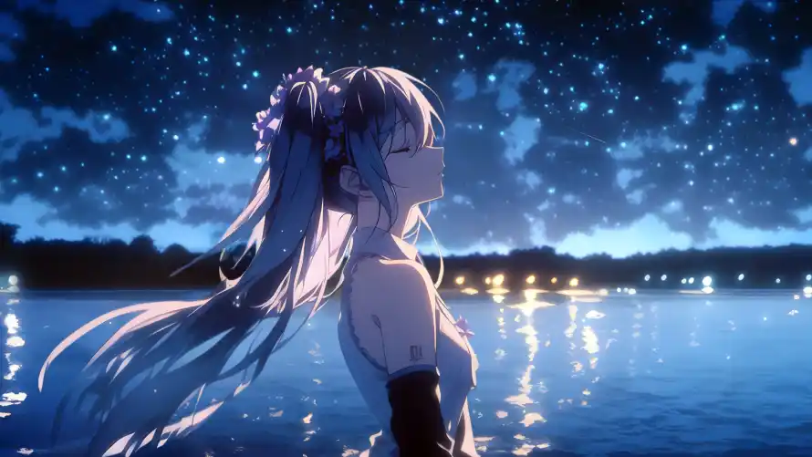 2k倒影壁纸-夜晚 - 夜空-少女「哲风壁纸」