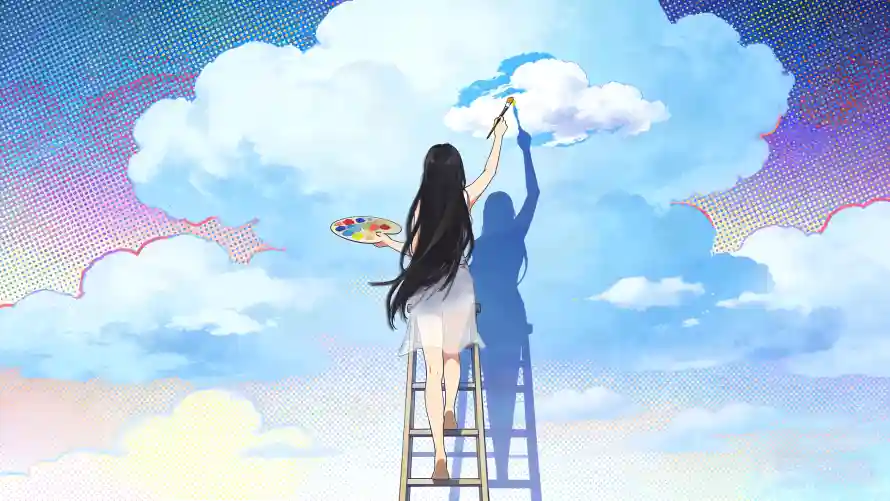4k云朵壁纸-女孩 - 手绘-梯子「哲风壁纸」