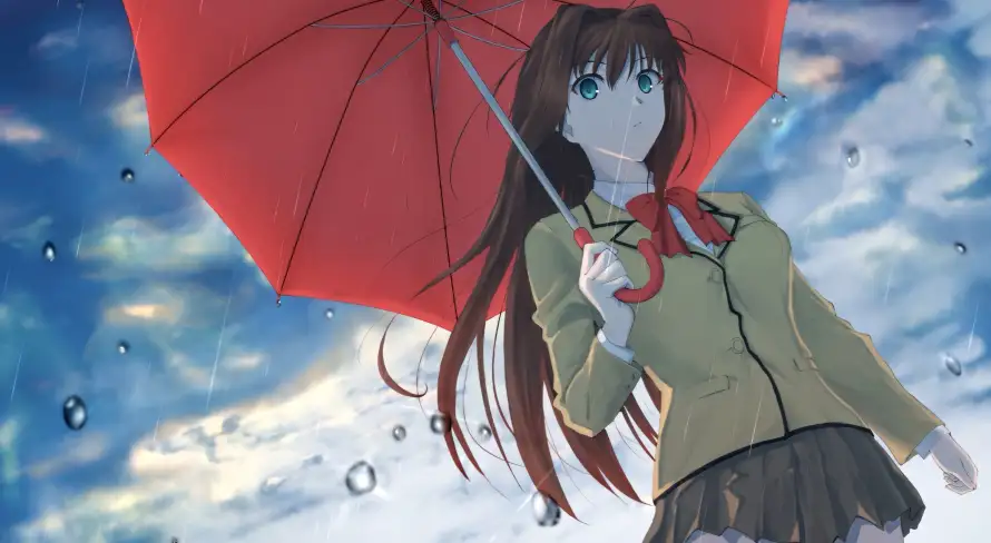 2k天空壁纸-少女 - 校服-红伞「哲风壁纸」