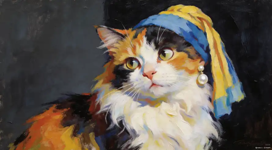 6k头巾壁纸-猫 - 油画-三色猫「哲风壁纸」