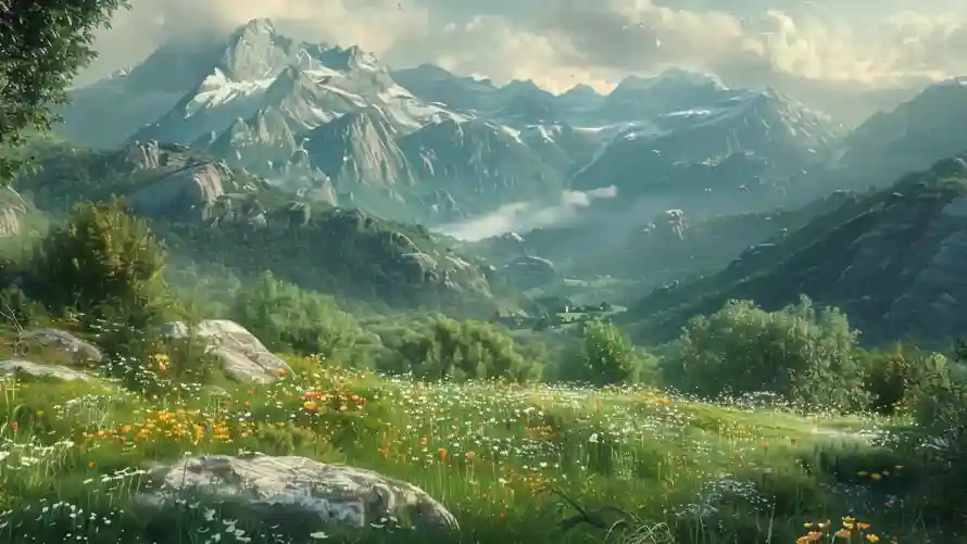 4k自然风景动态壁纸|山峰草地背景 - 野花云雾雪山「哲风壁纸」