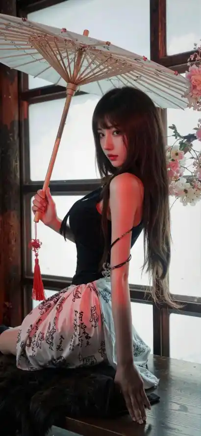 4k优雅壁纸 - 室内 - 撑伞 - 美女「哲风壁纸」