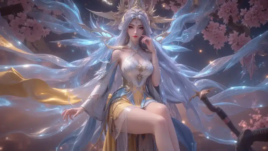 3k光效壁纸-坐姿 - 法杖-花瓣「哲风壁纸」