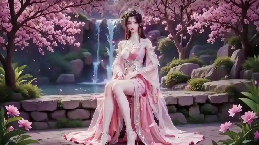 2k樱花壁纸-池塘 - 瀑布-仙侠美女「哲风壁纸」