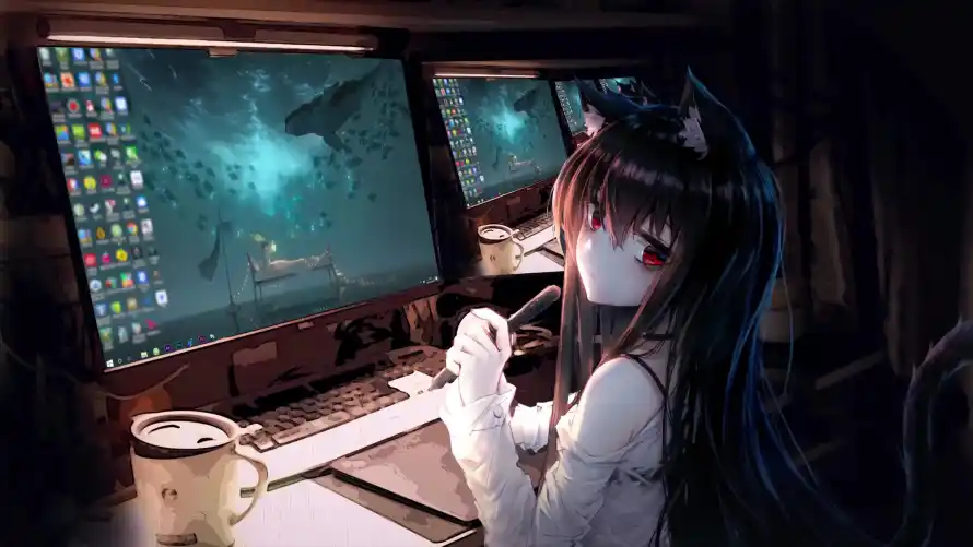 4k坐姿壁纸-夜晚 - 少女-猫娘「哲风壁纸」