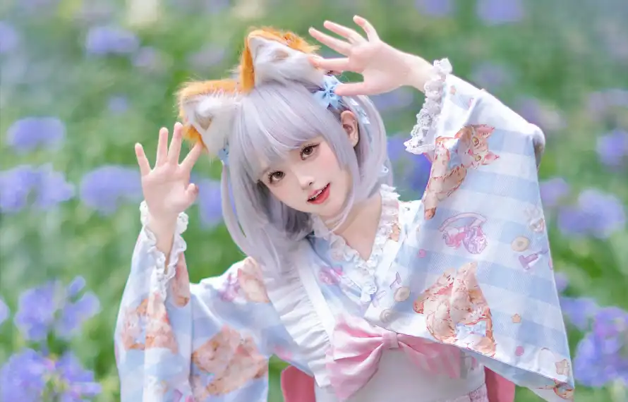 3k兽耳壁纸-可爱 - 和服-灰发「哲风壁纸」