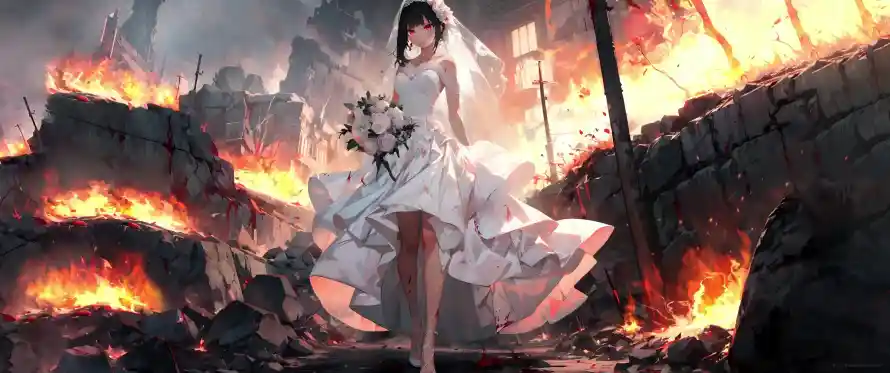 3k凄美壁纸-婚纱 - 废墟-战场「哲风壁纸」