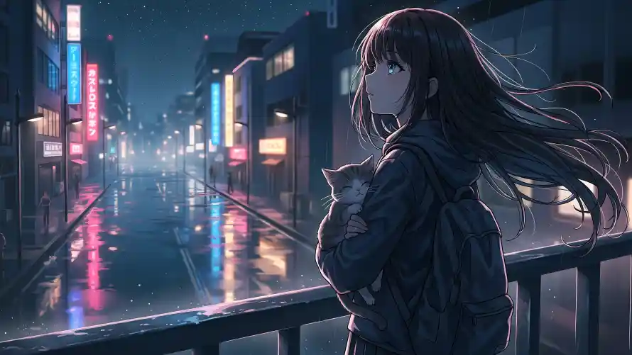 8k夜晚壁纸-猫 - 女孩-背影「哲风壁纸」 8k夜晚壁纸-猫 - 女孩-背影「哲风壁纸」