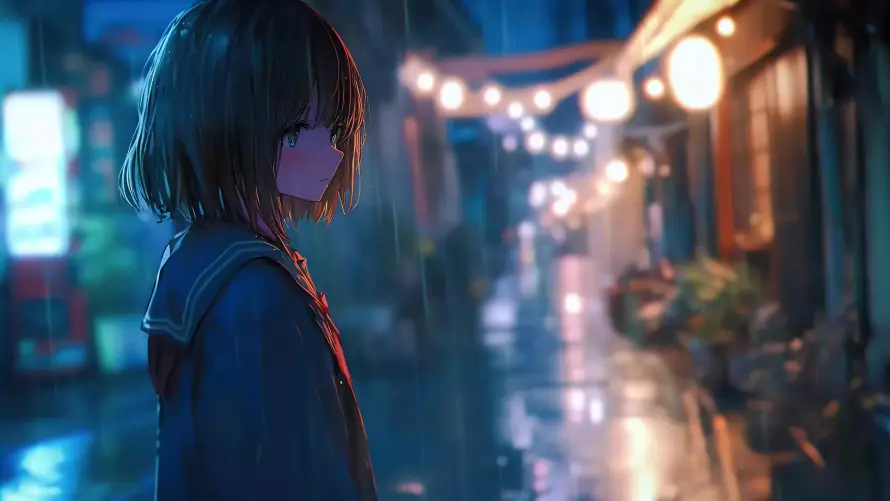 4k下雨壁纸-夜景 - 短发-积水「哲风壁纸」